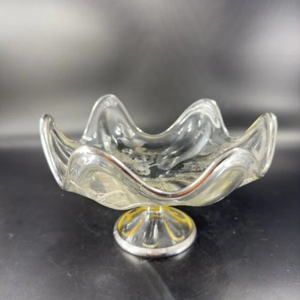 Vintage Viking Clear Footed Dish Bowl With Silver Overlay Flowers Pattern‎ VTG